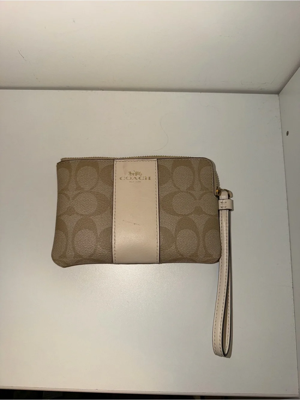 Coach Tan Signature Canvas Wristlet with Chalk Stripe